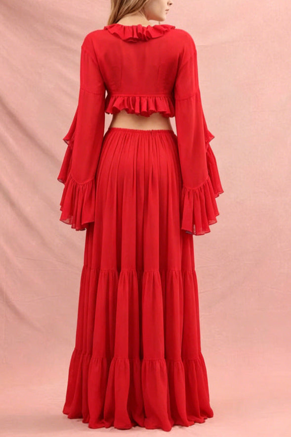 Ruffled Cardigan Top and Maxi Skirt Set in Red