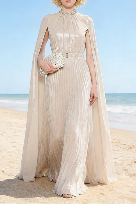 nail beaded slip sleeve pleated long dress