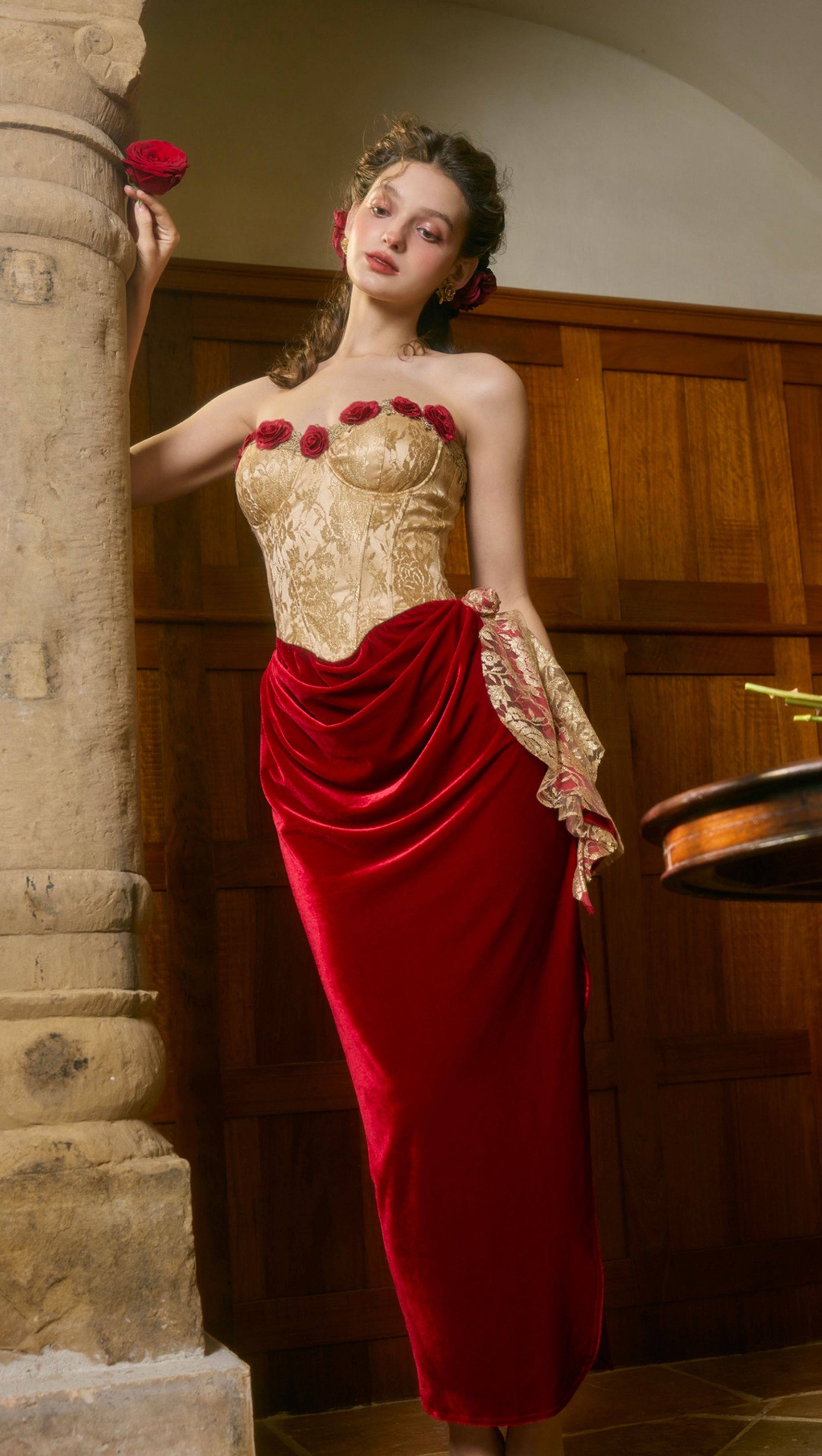 claire Wild Rose Corset maxi Dress - gold / red