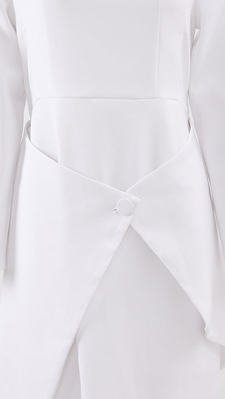 REGINA WHITE ASYMMETRIC NECK POLYCOTTON SHEATH MIDI DRESS