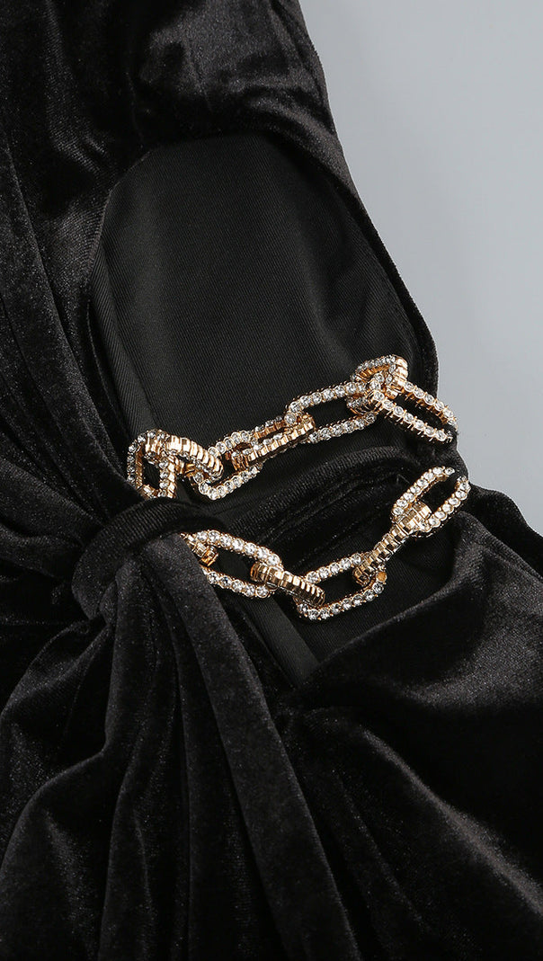 AIIZIE VELVET CRYSTAL EMBELLISHED MAXI DRESS IN BLACK - product image