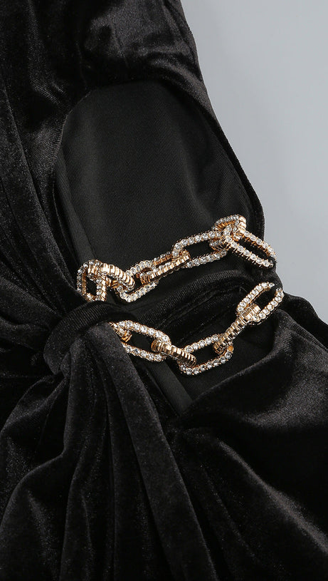 VELVET CRYSTAL EMBELLISHED MAXI DRESS IN BLACK