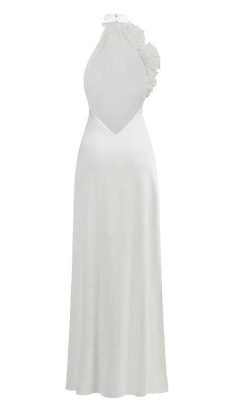 SHERRY HALTERNECK FLORAL APPLIQUE MAXI DRESS IN WHITE