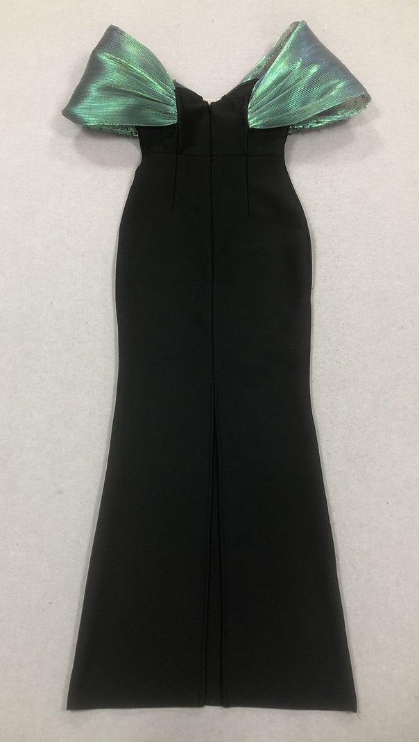 AIIZIE OFF-SHOULDER PEARL EMBELLISHED BODYCON MAXI DRESS IN BLACK - product image