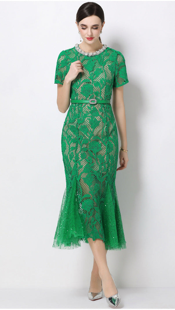 AIIZIE Rhinestone Floral Lace Fishtail Midi Dress in Emerald - product image
