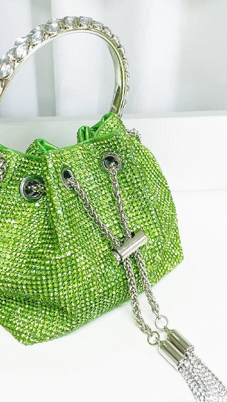 CRYSTAL EMBELLISHED BUCKET BAG IN GREEN