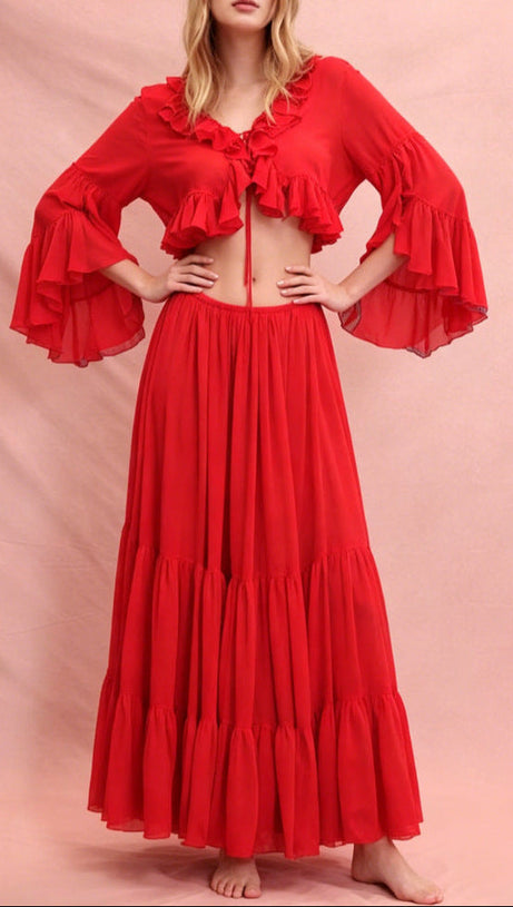 Ruffle cardigan crop top & maxi skirt set - red