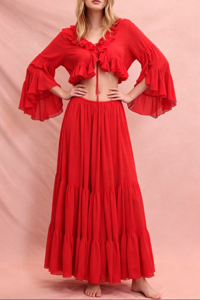 Ruffled Cardigan Top and Maxi Skirt Set in Red