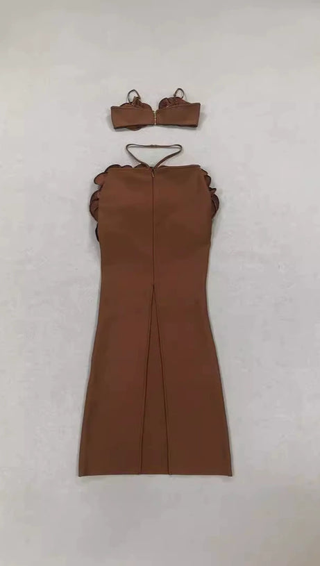 EVANGELINE 3D FLOWER CROP TOP SKIRT SET IN BROWN