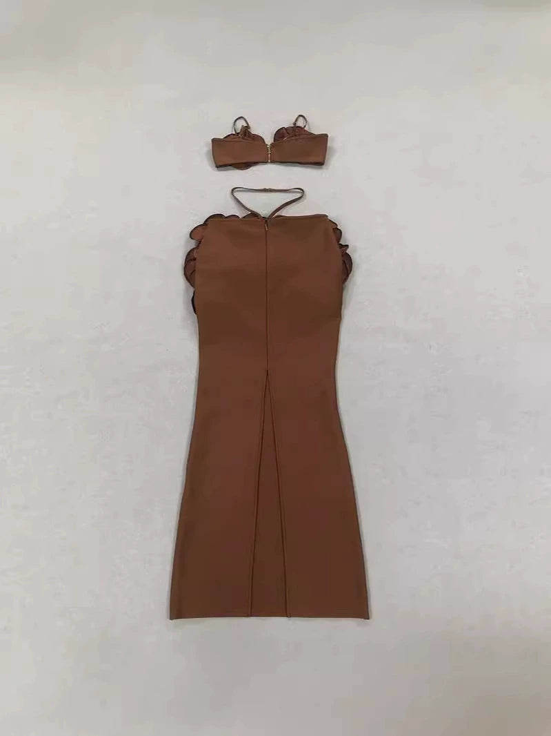 AIIZIE EVANGELINE 3D FLOWER CROP TOP SKIRT SET IN BROWN - product image