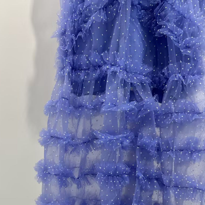 V-NECKLINE TIERED MESH GOWN IN BLUE