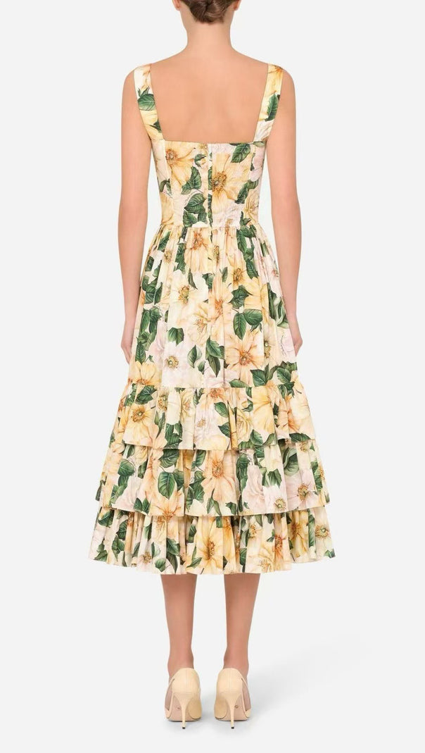 AIIZIE CAMELLIA-PRINT POPLIN MIDI DRESS IN YELLOW - product image