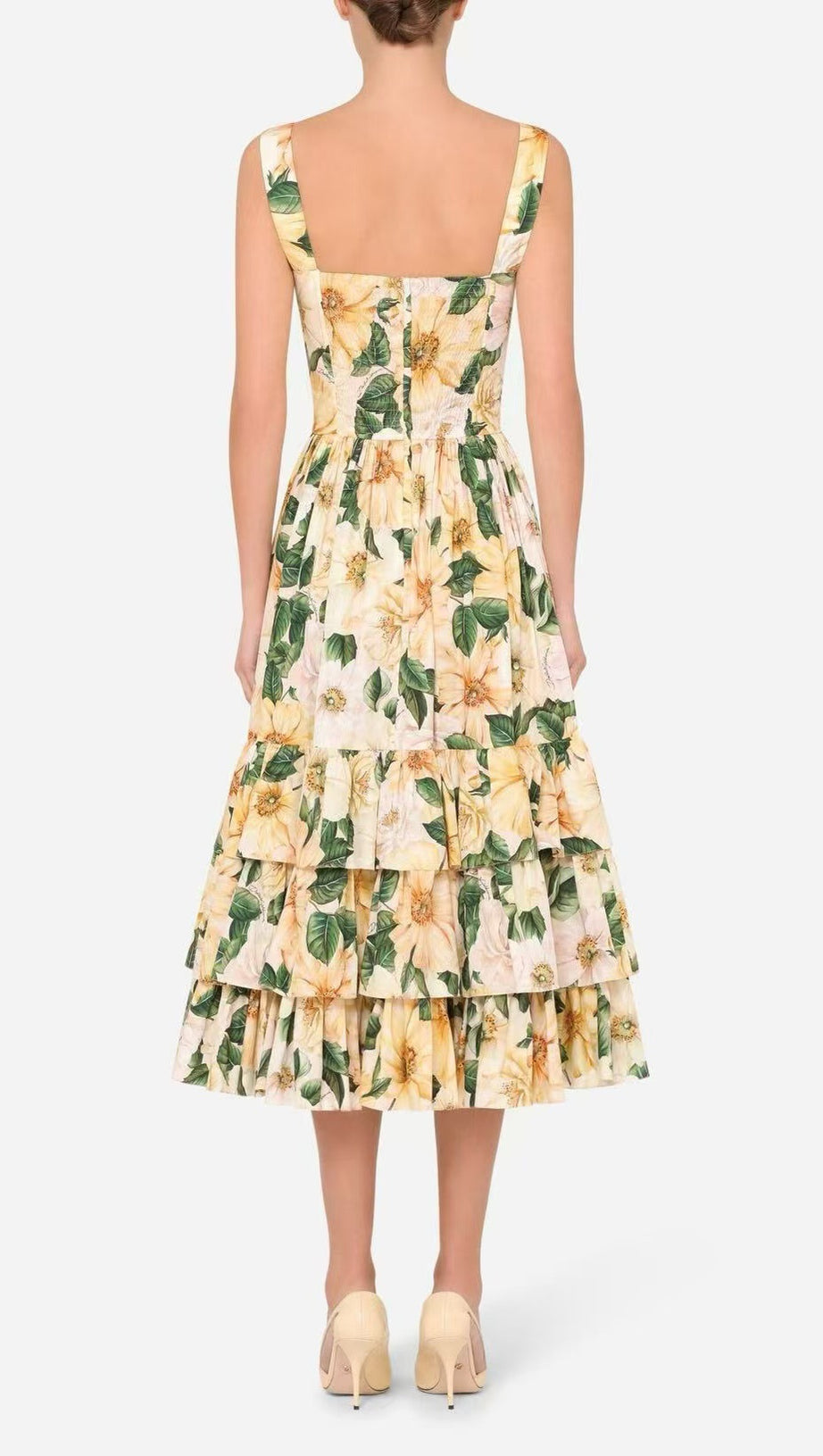 Gelbes Popeline-Midikleid mit Kamelien-Print