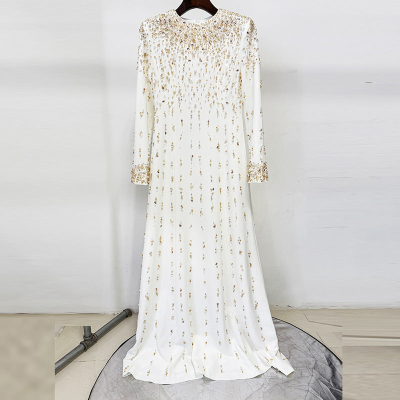 Ivory Beaded Maxi Dress Long Sleeve Rose Gold Gown