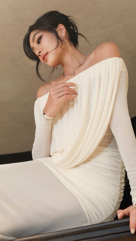 cara Off-shoulder long sleeve pleated mesh maxi dress in white