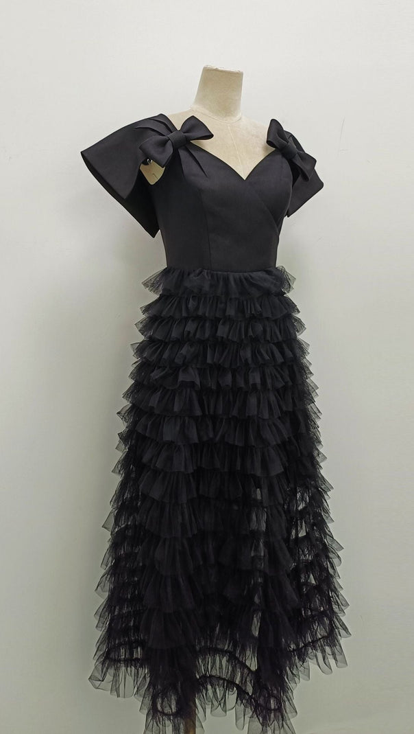 AIIZIE V NECK MESH RUFFLES PATCHWORK BOWKNOT MIDI DRESS - product image