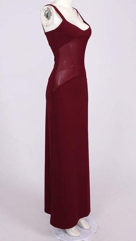 SHEER KNIT CURVE MAXI DRESS IN MERLOT