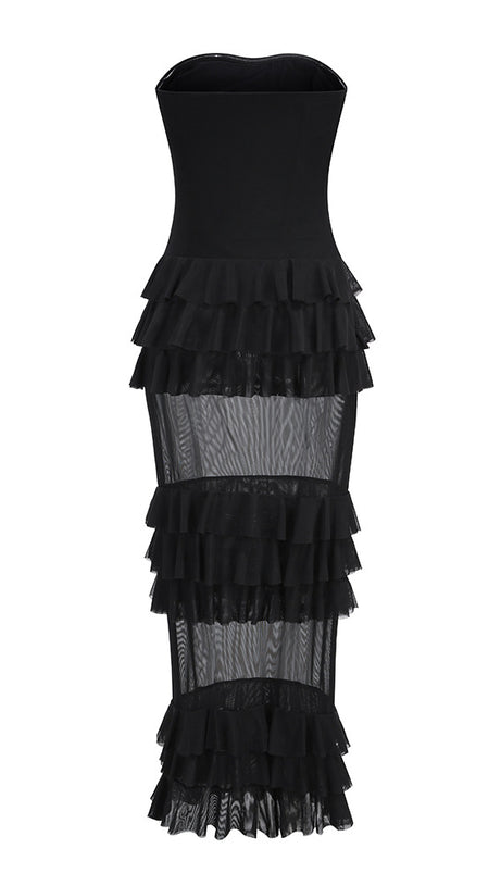 ABITO MIDI NERO SENZA SPALLINE CON VOLANT A VOLANT