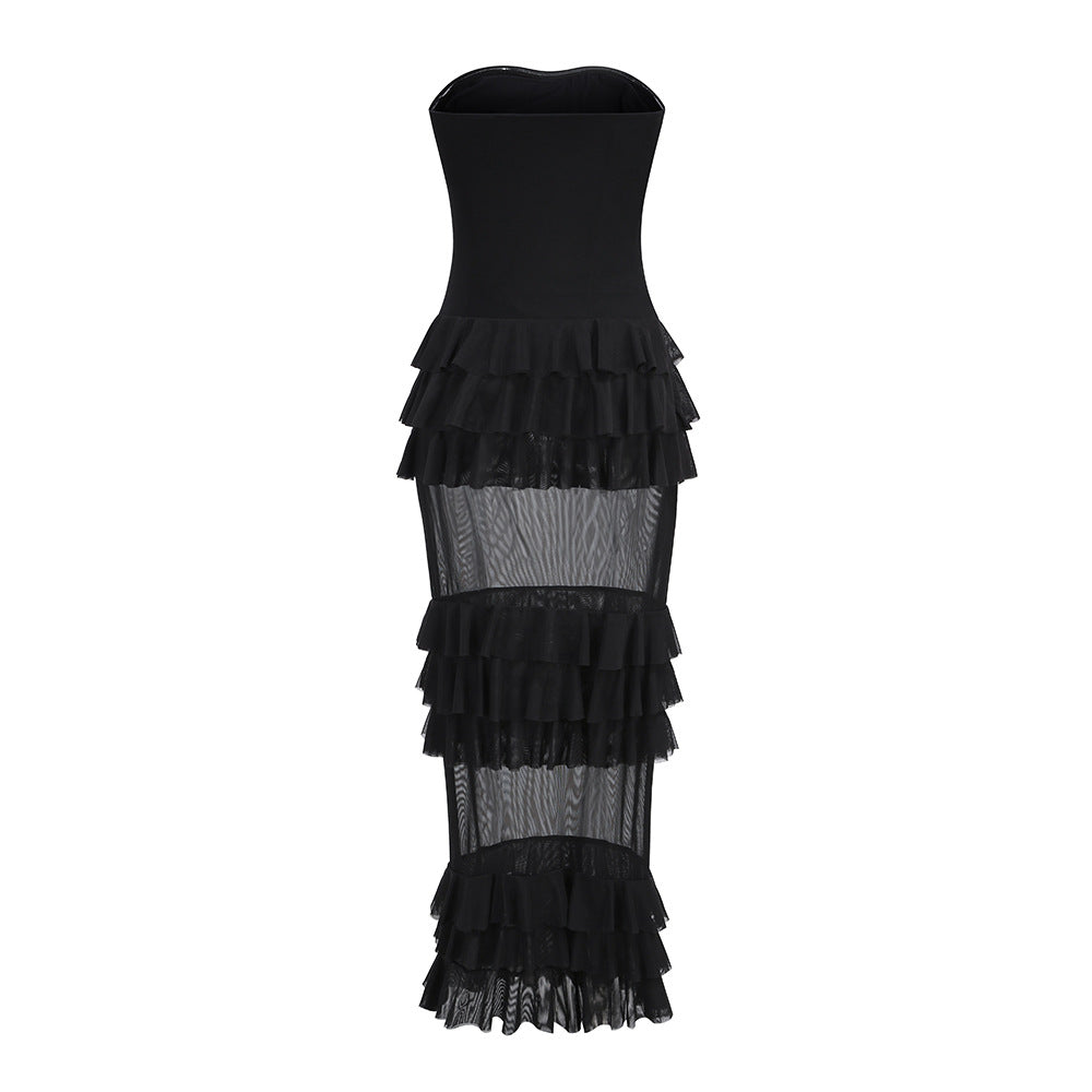 AIIZIE BLACK STRAPLESS TIERED RUFFLE MESH MIDI DRESS - product image