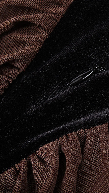 ABITO LUNGO IN PATCHWORK DI VELLUTO E RETE NERO