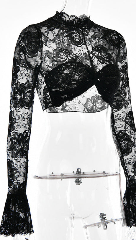 TOP CORTO IN PIZZO FLOREALE NERO