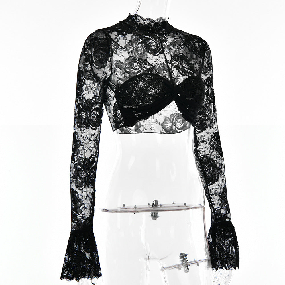 AIIZIE FLORAL CROP LACE TOP IN BLACK - product image