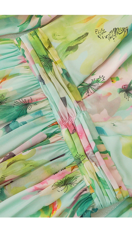 GREEN LONG-SLEEVED FLORAL MAXI DRESS