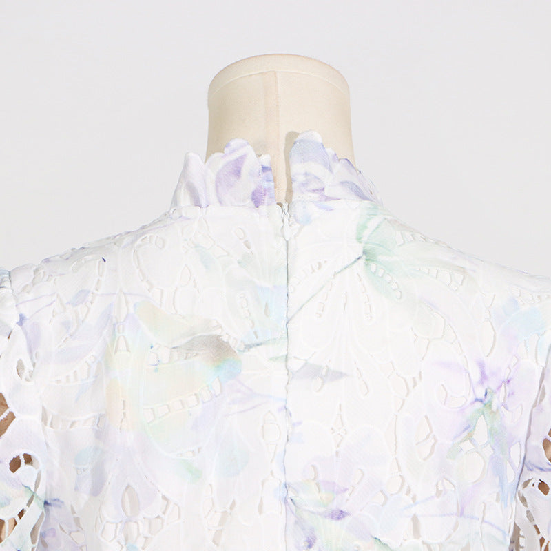 ABITO MIDI IN PIZZO CON MANICHE A SBUFFO E COLLO ALTO, BIANCO