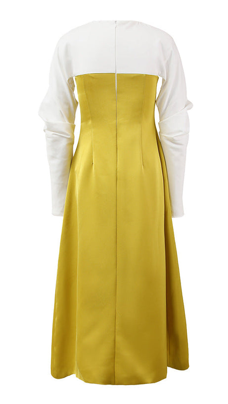 ARLENE YELLOW LONG SLEEVED CUT OUT SILK TAFFETA MIDI DRESS