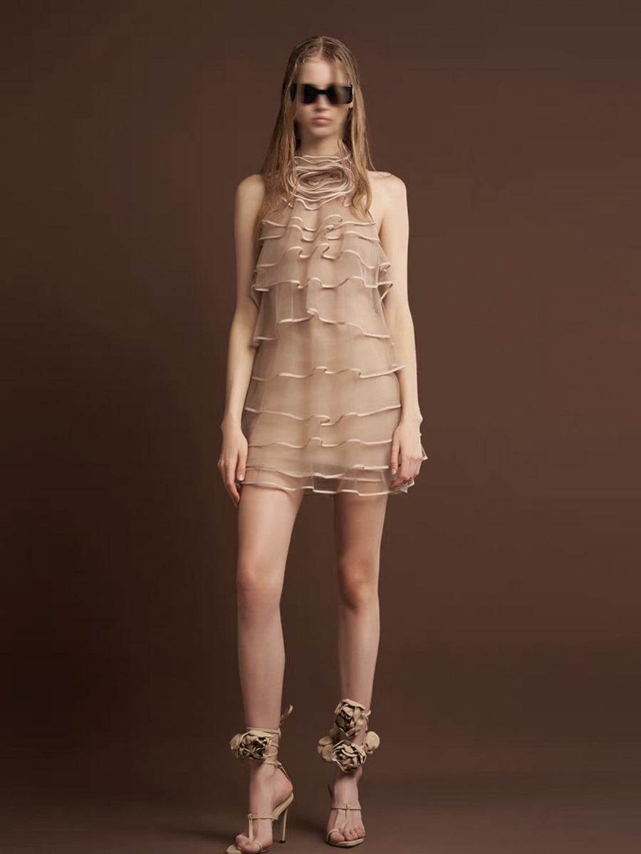 CHIFFON SLEEVELESS RUFFLE MINI DRESS IN KHAKI