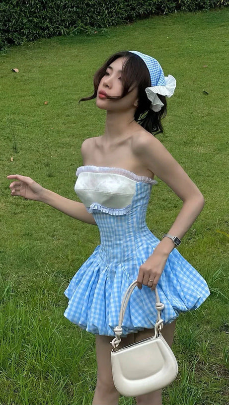 stephanie plaid strapless puffy mini dress - blue