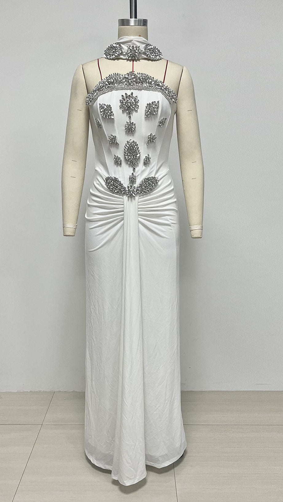 White Strapless Corset Evening Gown with Cape