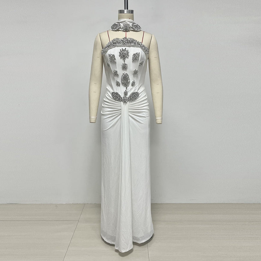 White Strapless Corset Evening Gown with Cape