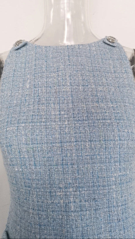 HALTER NECK TWEED VEST MINI DRESS IN BLUE