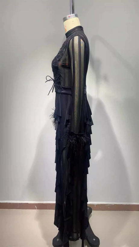 PANAGAS LONG SLEEVE MESH RUFFLE DRESS