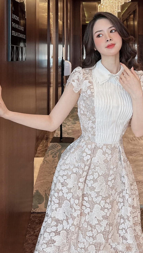 leila white 3D Flower embroidery Bow Lace midi Dress