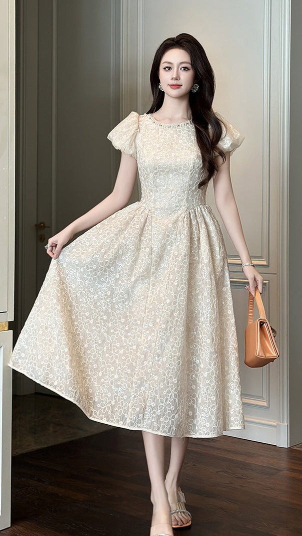 pearl neck Puff sleeve flared lace maxi dress - apricot