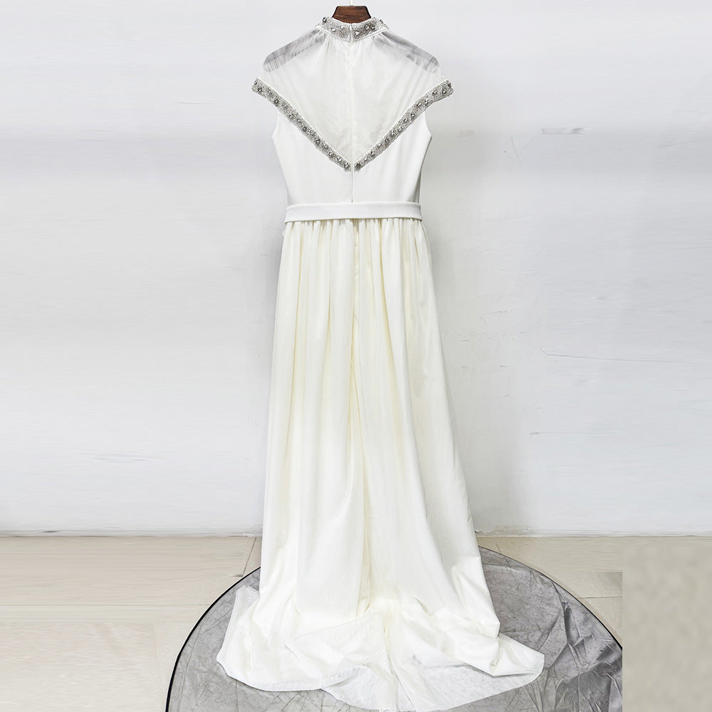 Mesh-paneled beaded rhinestone-embellished maxi dress - white