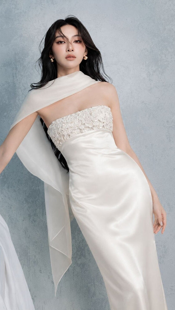 sylvia rhinestone embellish strapless satin maxi dress  - white