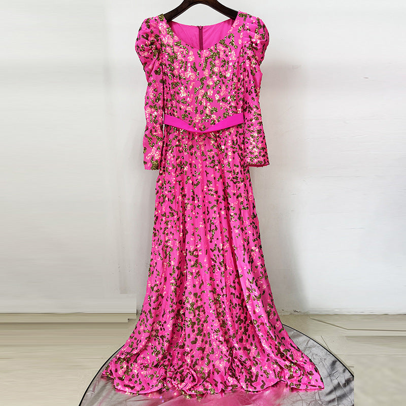 pink embroidered sequin long dress