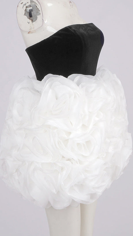 TINA WHITE 3D FLOWERS STRAPLESS BLACK MINI DRESS