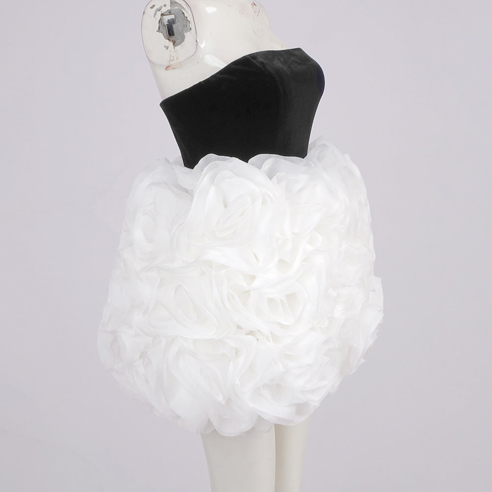 AIIZIE TINA WHITE 3D FLOWERS STRAPLESS BLACK MINI DRESS - product image