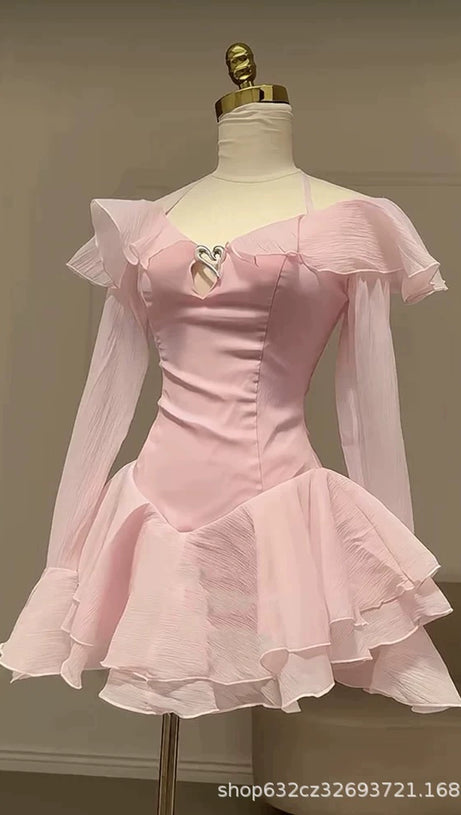 BRANDEE PINK LONG SLEEVE RUFFLE HEM MINI DRESS