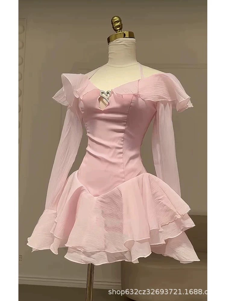 AIIZIE BRANDEE PINK LONG SLEEVE RUFFLE HEM MINI DRESS - product image
