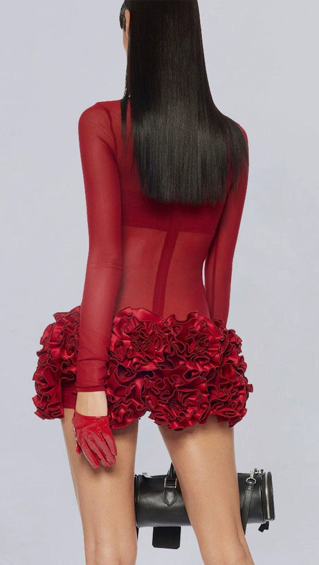 SAMANTHA POPPIES EMBELLISHED MINI DRESS IN RED