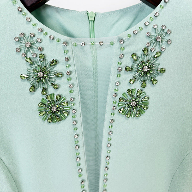 Mint Green Beaded Maxi Gown with Floral Sleeves