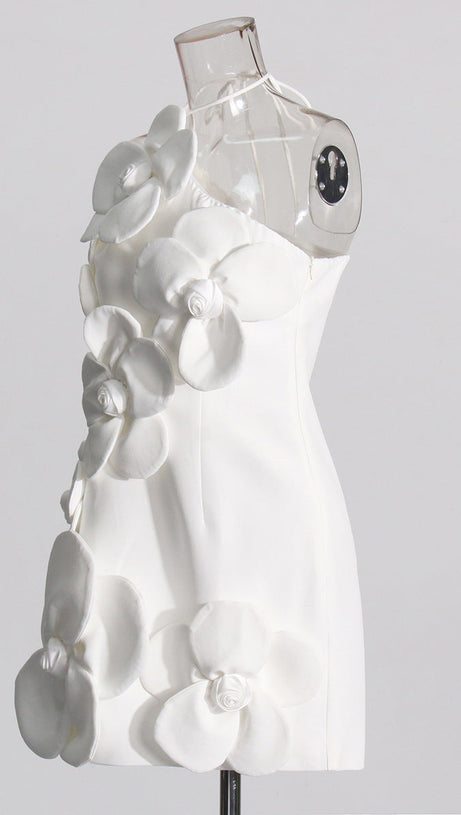 EMILY FLOWER HALTER NECK MINI DRESS IN WHITE