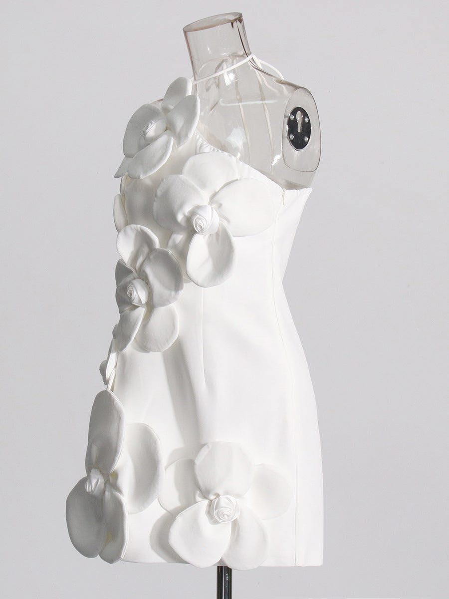 AIIZIE EMILY FLOWER HALTER NECK MINI DRESS IN WHITE - product image