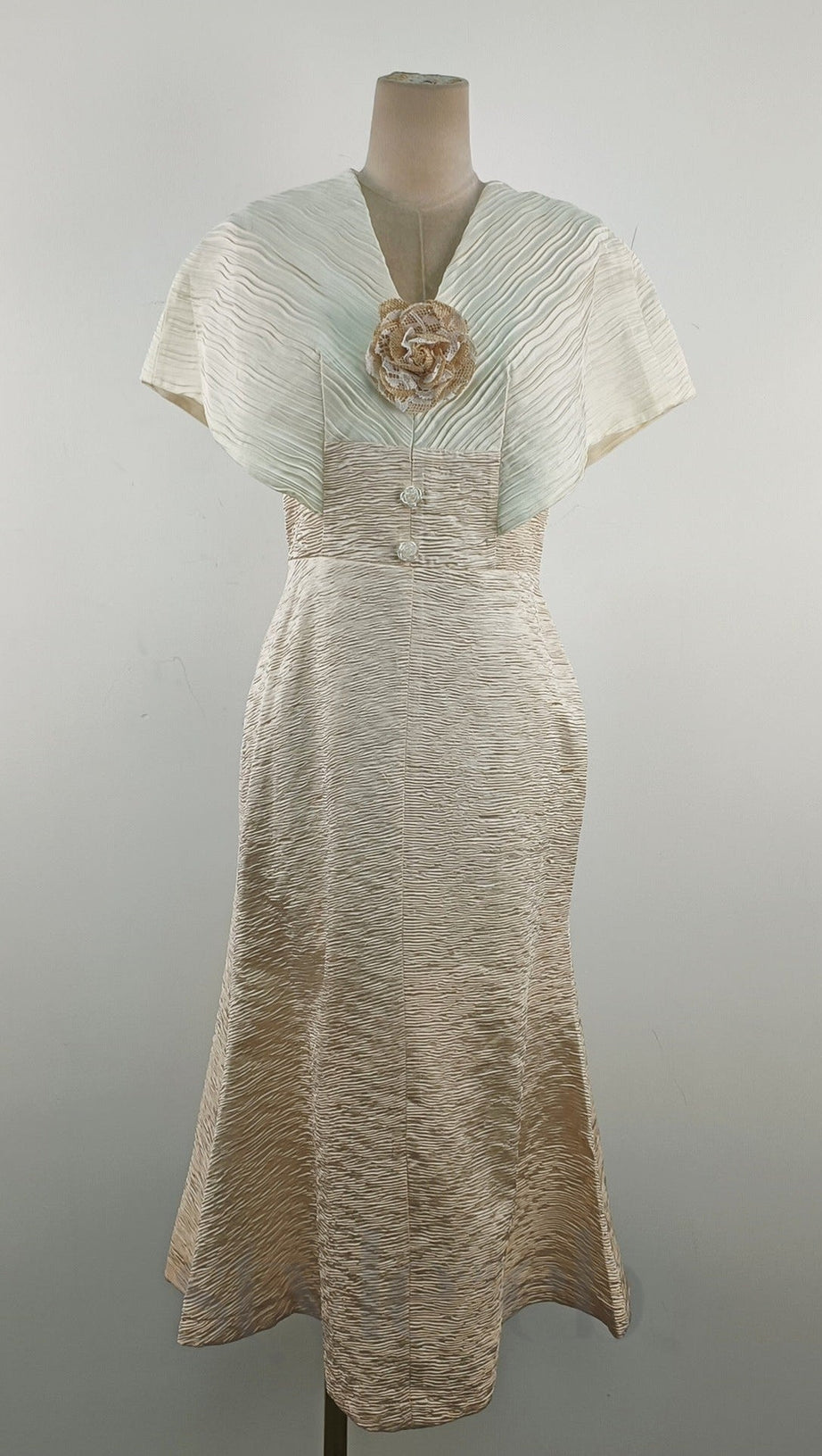 VENUS CHAMPAGNE STITCHED HIGH-WAISTED FISHTAIL MIDI DRESS