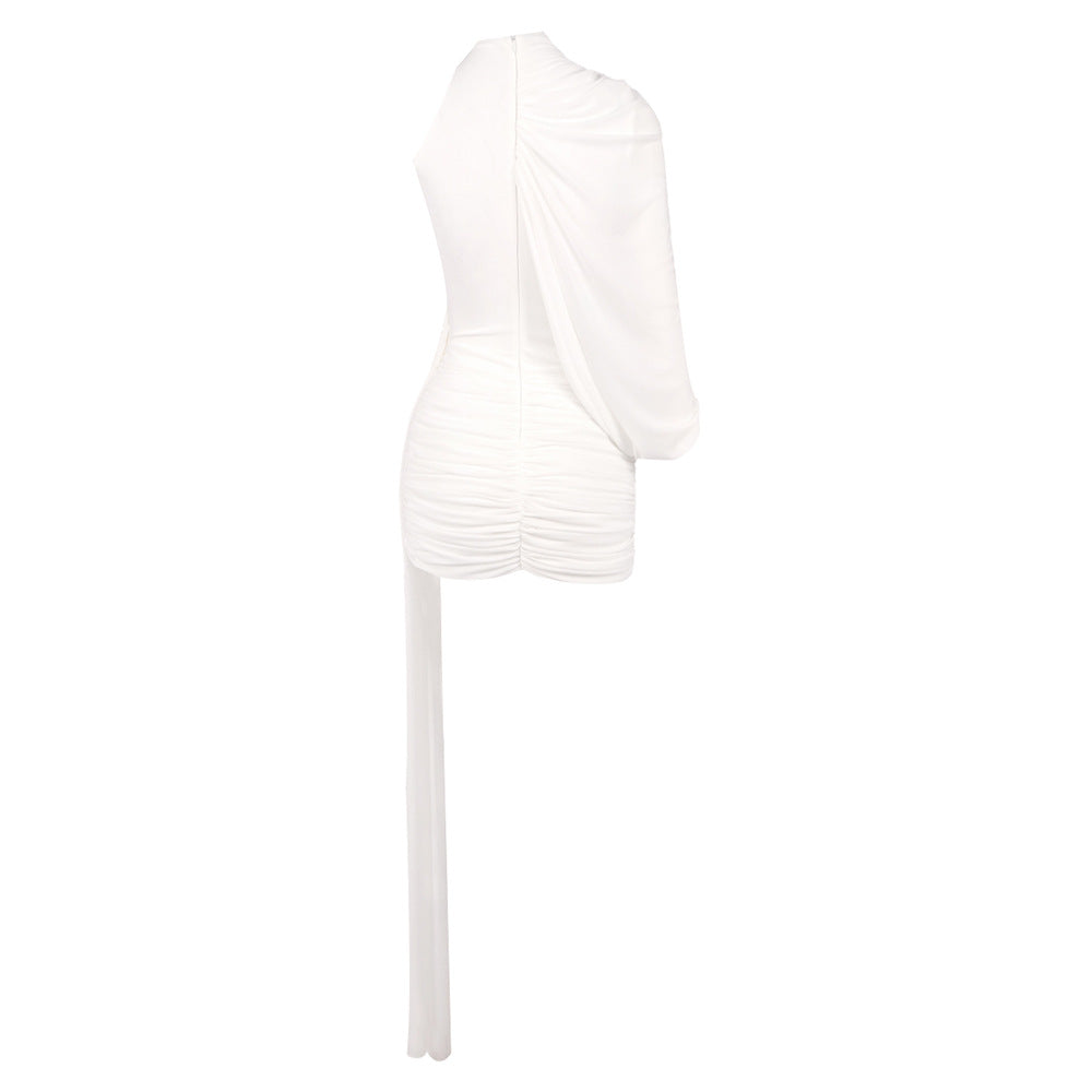 off-shoulder single-sleeve pleated bodycon Ribbon mini dress - white